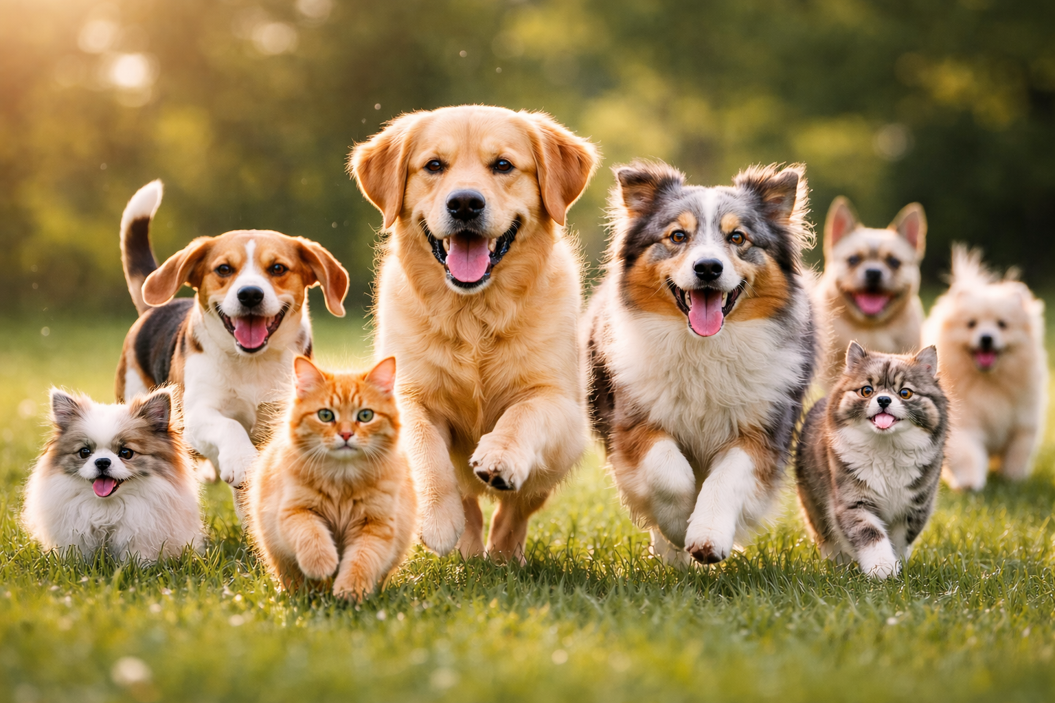 Happy pets running in a beautiful meadow